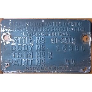 1940 Oldsmobile 4 dr Data Plate Body Trim Paint Tag GM Fisher